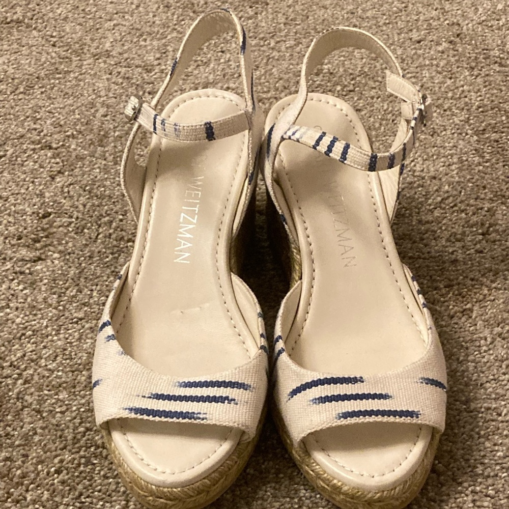 Stuart Weitzman Tia Espadrille Wedges in Natural/ Indigo Size: 10 B NWOB - Picture 4 of 11